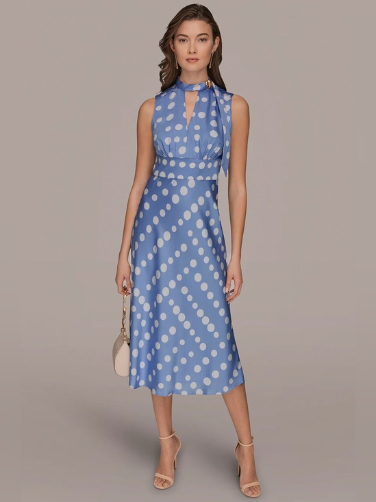 Donna Karan Dresses & Skirts - Donna Karan blue SATIN POLKA-DOT TIE-NECK MIDI DRESS